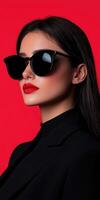 Stylish woman wearing sunglasses poses against a bold red background photo