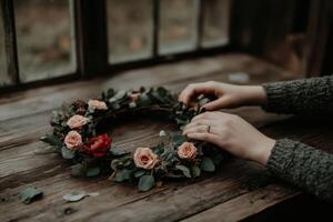 Hands assembling a floral wreath on a rustic wooden table photo