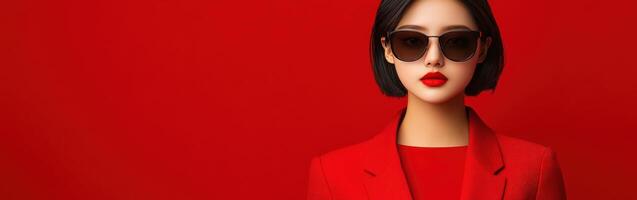 Confident woman in stylish red attire with chic sunglasses photo