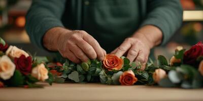 Florist arranging colorful flowers for a decorative display photo
