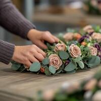 Hands arranging beautiful floral wreath with soft colors in workshop photo