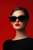 Stylish model with red lips and sunglasses on red background photo