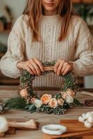 Creating a beautiful flower wreath in a cozy workshop setting photo
