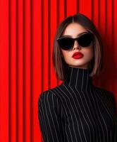 Stylish woman poses against vibrant red background photo
