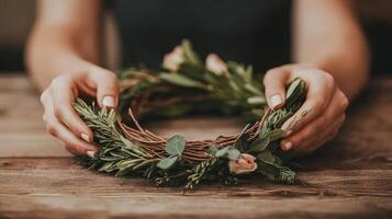 Creating a floral wreath with fresh greenery and delicate roses photo