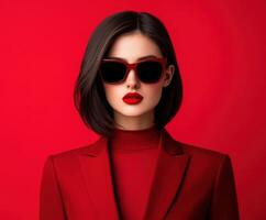 Model poses in bold red outfit against vibrant red background photo