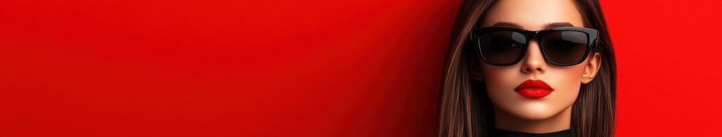 Stylish woman with sunglasses against a vibrant red background photo