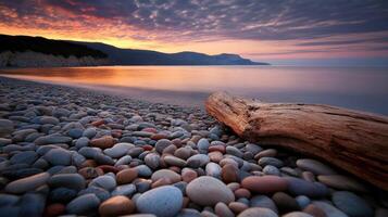 Sunset over tranquil stones along the shore of a calm beach photo