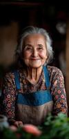 Elderly woman smiling warmly in a rustic kitchen setting photo