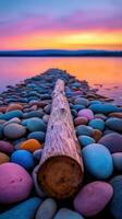 vistoso guijarros y madera flotante a puesta de sol por el calma agua foto