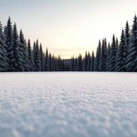 Snow-covered forest landscape at sunset during winter season photo