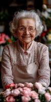 Smiling elderly woman surrounded by colorful flower arrangements photo