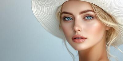 Young woman with striking blue eyes wearing a large white hat photo