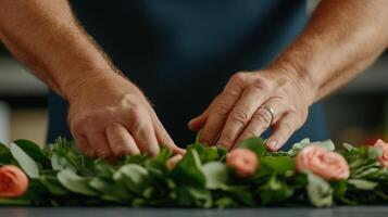 Hands arranging a floral wreath with pink roses and greenery photo