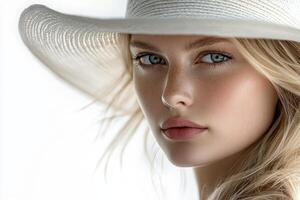 Close-up of a woman with striking features wearing a large sun hat photo