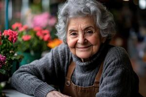 Smiling elderly woman in a cozy garden surrounded by flowers photo