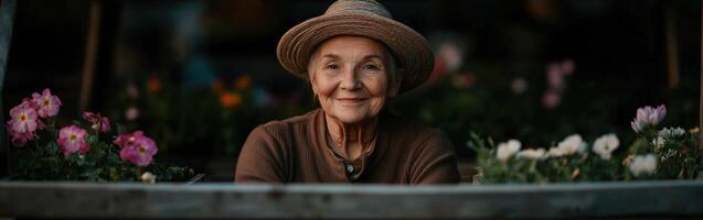 Elderly woman smiling warmly in a vibrant flower shop setting photo