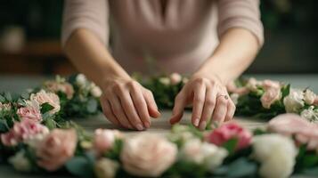 Creating a floral arrangement with delicate roses and greenery photo