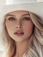 Beautiful woman wearing a wide-brimmed hat with stunning features photo