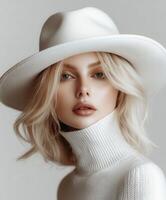 Model in a white sweater and hat poses in a soft lighting setting photo