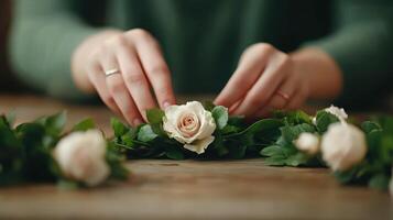 Creating a floral crown with white roses and greenery at home photo