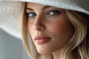 Close-up portrait of a woman in a stylish white hat indoors photo