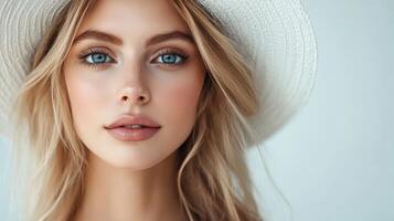 Woman in a white hat with blue eyes poses on a light bg photo