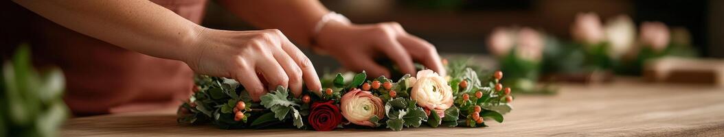 Crafting a floral crown with care in a cozy workshop setting photo