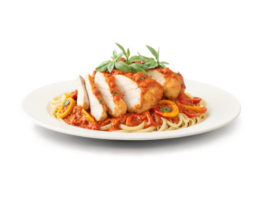 Chicken Cacciatore Chicken thighs simmered in a savory tomato sauce with onions, bell peppers, garlic, and herbs, served with past png