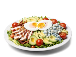 Cobb Salad A colorful Cobb salad with grilled chicken, bacon bits, avocado, cherry tomatoes, blue cheese crumbles, and a hard-boiled png