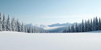 Snow-covered landscape with pine trees under clear blue sky photo