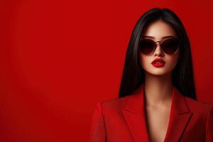 Bold fashion portrait of a woman in red against a vibrant background photo