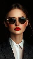 Stylish woman in sunglasses with bold red lips and tailored blazer photo