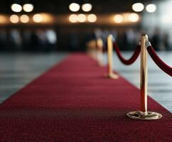 Red carpet walkway with velvet ropes at a formal event venue photo