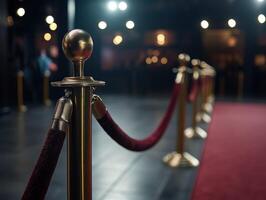 Elegant red carpet setup with velvet ropes and golden stanchions at night photo