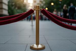 Red rope barrier stands at entrance during evening event photo