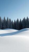 Snow-covered landscape with evergreen trees under clear blue sky photo