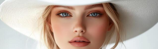 Portrait of a woman wearing a large white hat with striking blue eyes photo