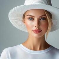 Beautiful woman wearing white hat in elegant portrait setting photo
