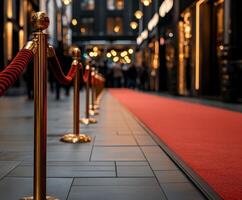 Elegant red carpet lined with ropes leads to a luxurious venue photo