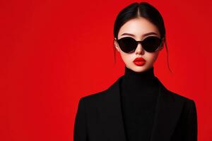 Chic woman in black with red lips and shades on red backdrop photo
