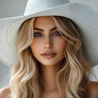 Beautiful woman wearing a wide-brimmed hat with long wavy hair photo