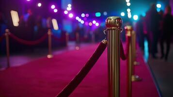Red carpet event with velvet ropes and colorful lighting photo