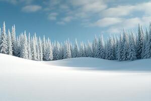 Snow-covered landscape with pine trees under a clear sky photo