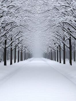 Snow-covered pathway lined with trees in winter landscape photo