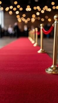 Red carpet lined with golden stanchions at an elegant event venue photo