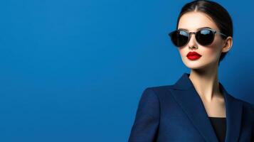 Confident woman in stylish sunglasses against a blue background photo