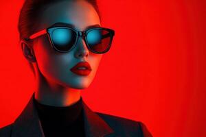 Model in stylish sunglasses poses with vibrant red background photo