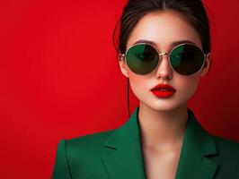 Stylish woman in green blazer and sunglasses against red background photo