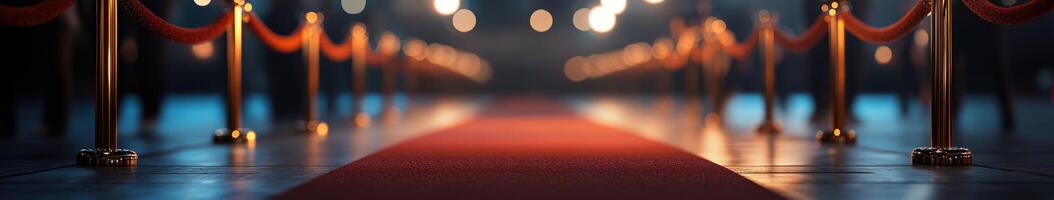 Red carpet event with elegant decor and golden stanchions at night photo